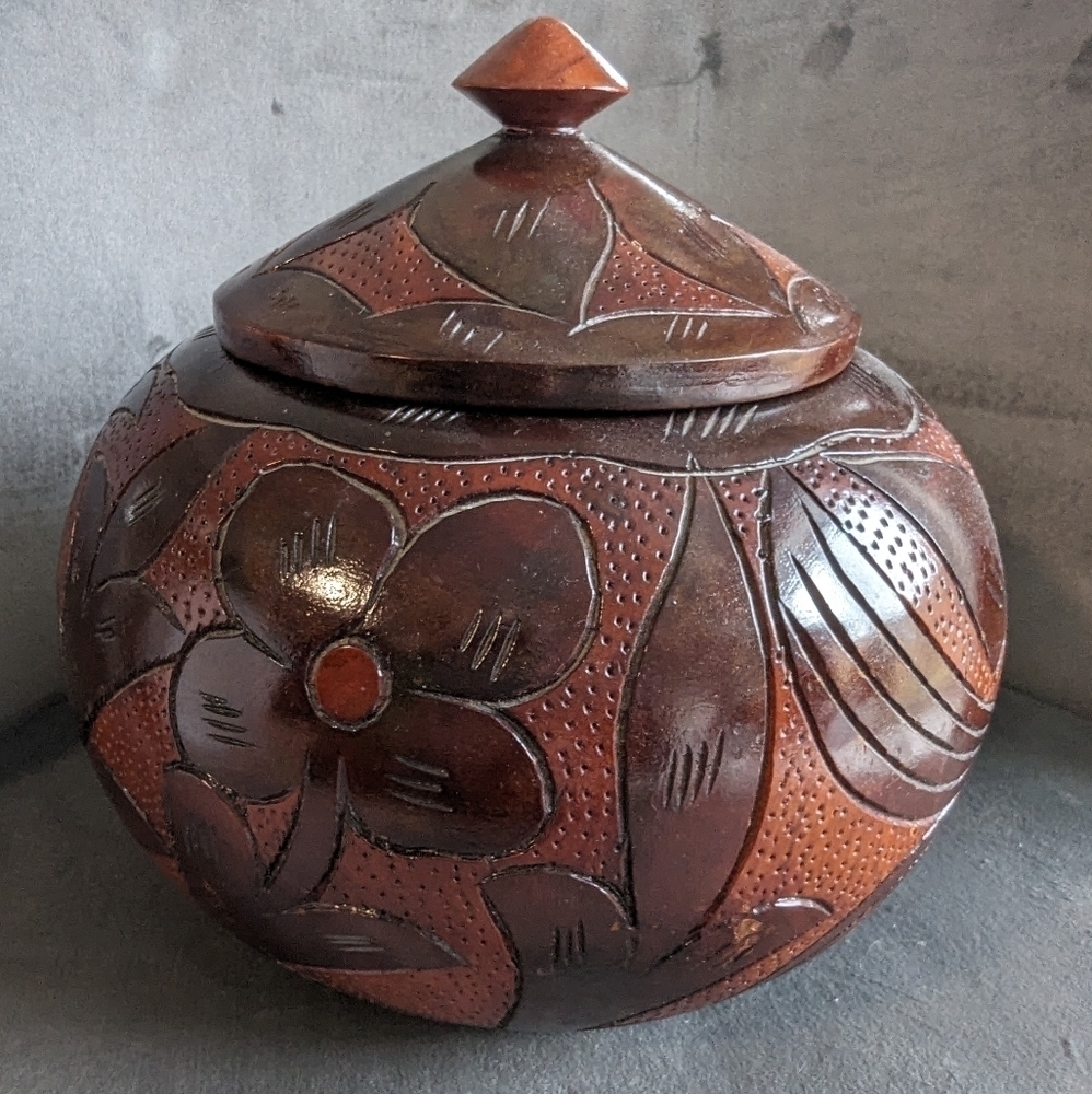 Ornate Wood lidded jar handcarved floral hand turned